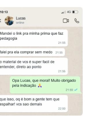 Depoimento de Lucas no WhatsApp recomendando o material para familiares