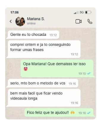Depoimento de Mariana S. no WhatsApp elogiando o método de mapas mentais de Libras